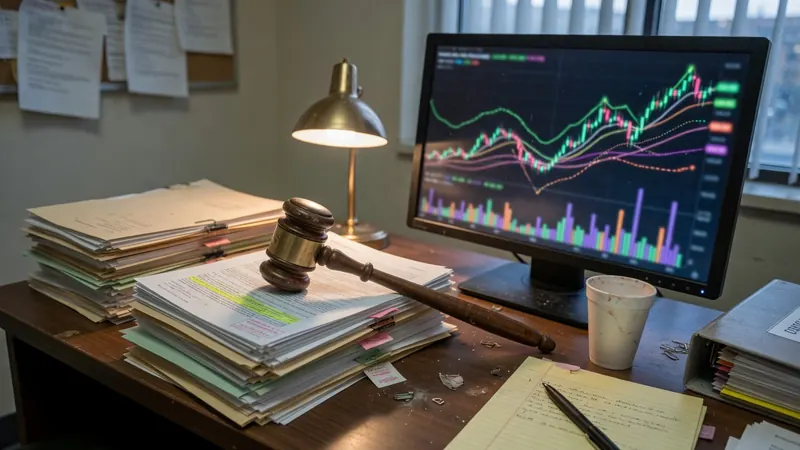 A cluttered wooden desk in an office features stacks of papers, a wooden gavel, a desk lamp.