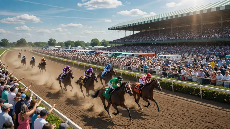 Horses and jockeys race down the dirt track at a crowded horse racetrack on a sunny day.