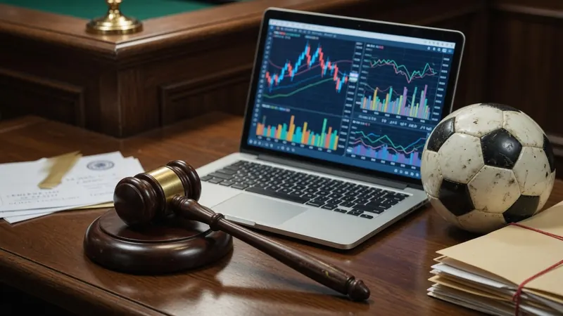 Wooden desk with gavel, laptop displaying financial charts, old soccer ball, and legal documents in a courtroom setting.