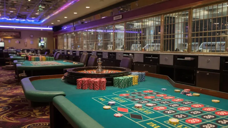 A green felt roulette table with chips and a wheel in the foreground of a luxurious casino interior featuring multiple gaming tables.