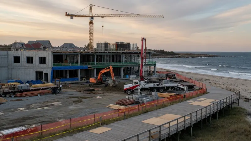 Construction site of a large building near the ocean with a tower crane, excavator, cement truck.