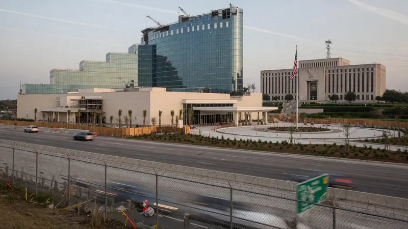 View of the FBI headquarters building and the adjacent J. Edgar Hoover Building under construction in Washington DC.