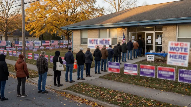 Voters line up outside a brick polling place building on a sunny autumn day, surrounded by political campaign signs and American flags.