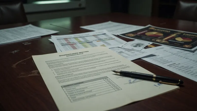 A shareholder meeting agenda document lies on a wooden desk surrounded by financial reports, charts, and a black and gold pen.