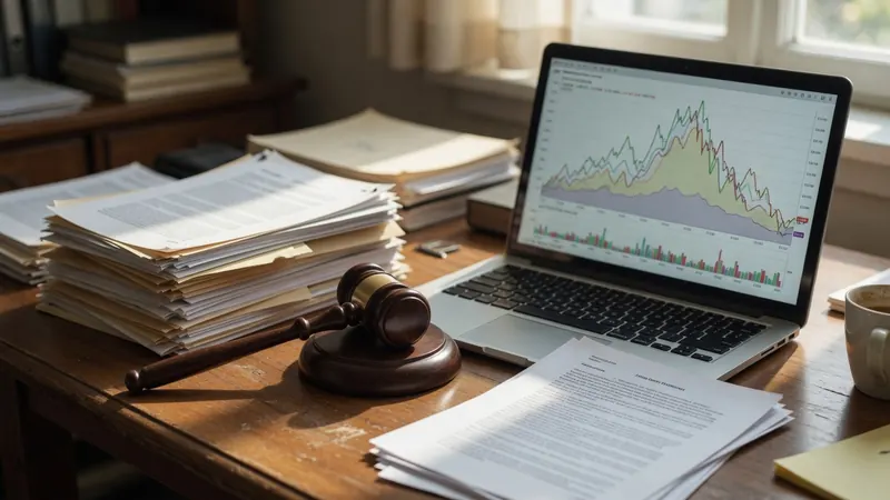 A wooden desk holds a gavel, stacks of legal documents, and a laptop displaying financial charts and graphs.